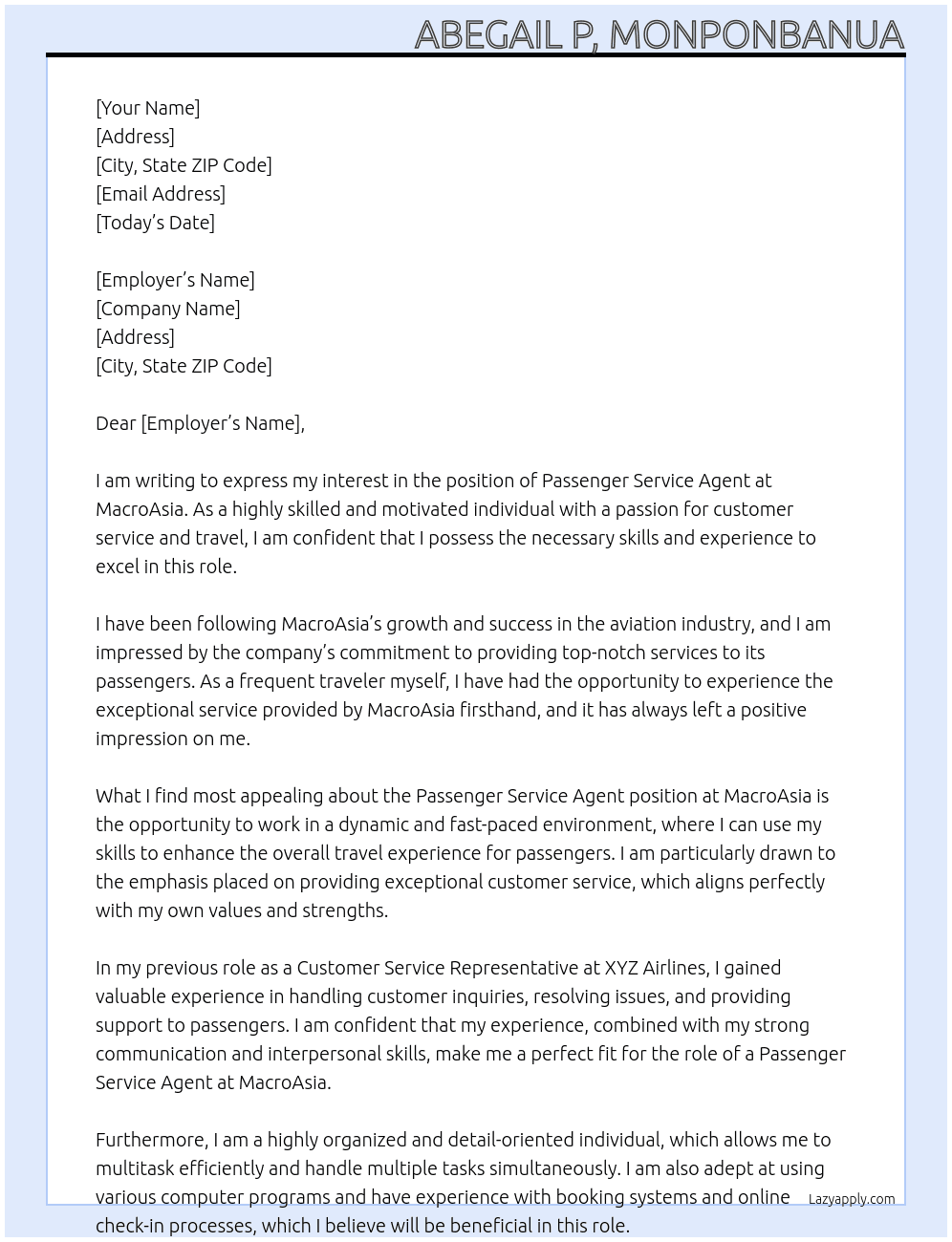 Passenger Service Agent At MacroAsia Cover Letter