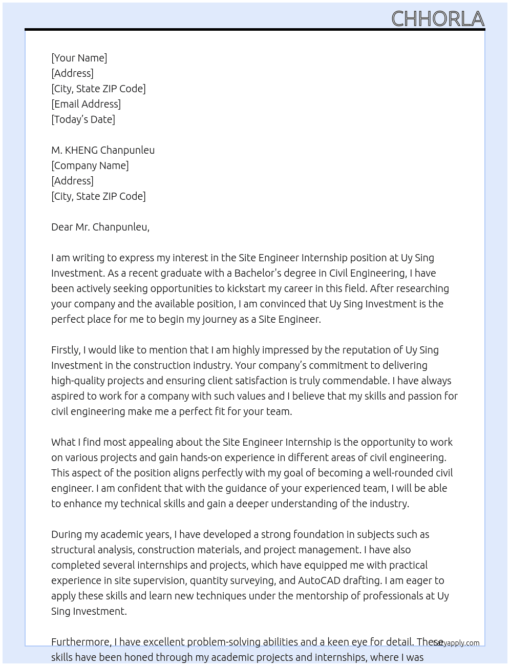 site engineer internship At Uy Sing Investment Cover Letter