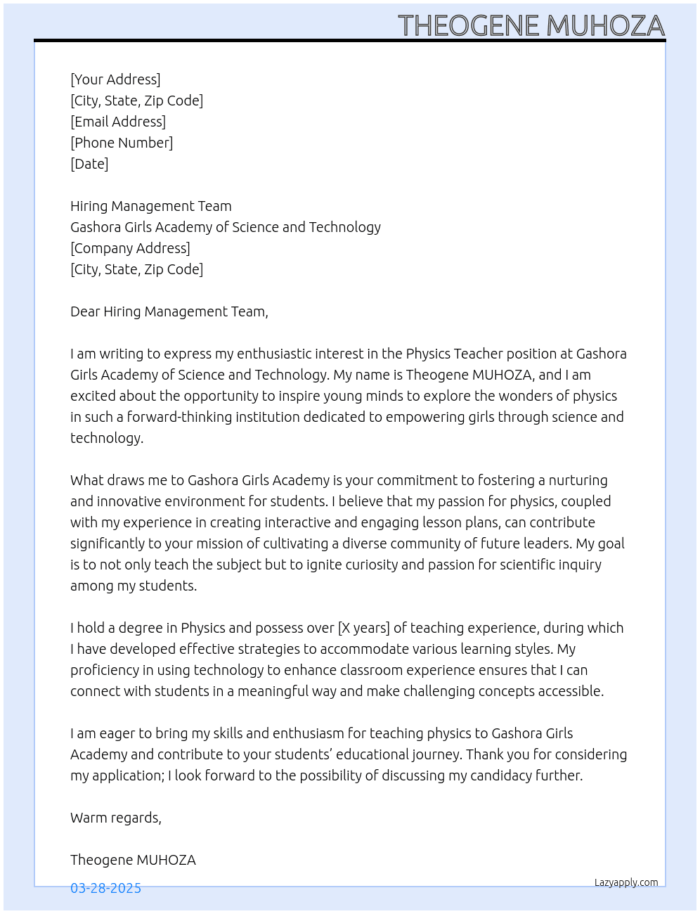 Physics teacher At Gashora Girls Academy of Science and Technology Cover Letter