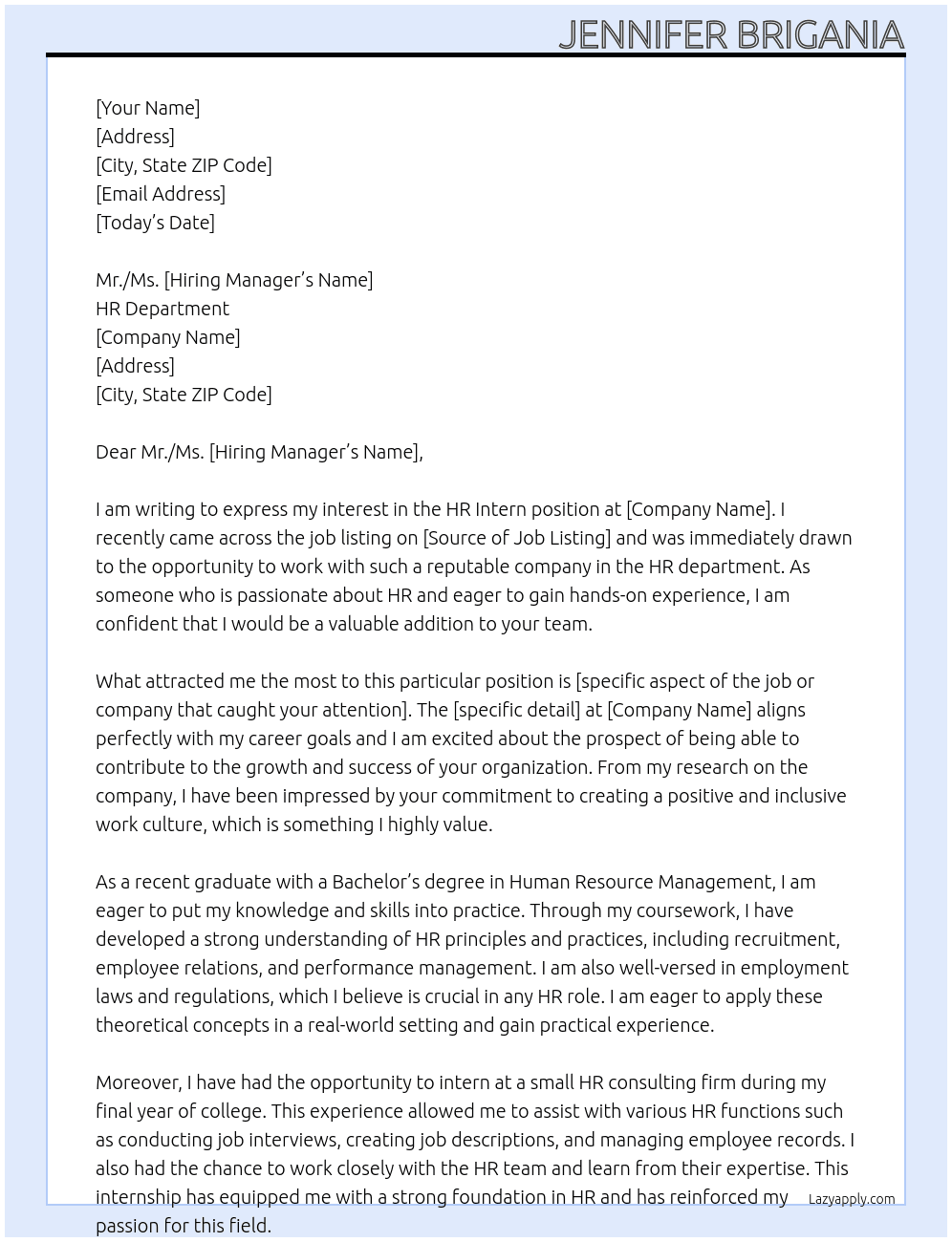 Hr intern At Hr department Cover Letter