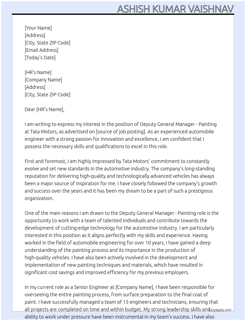 automobile engineer At tata motors Cover Letter