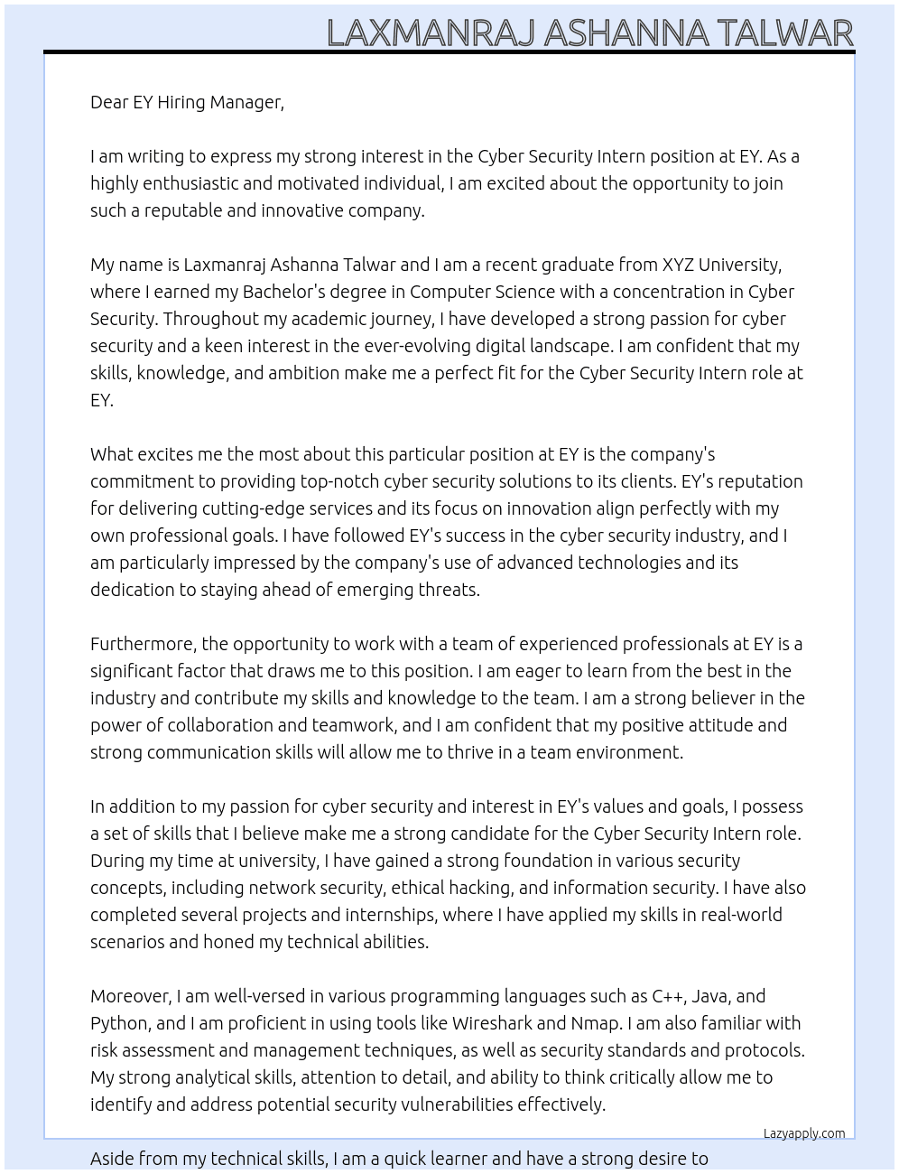 Cyber security intern At EY Cover Letter