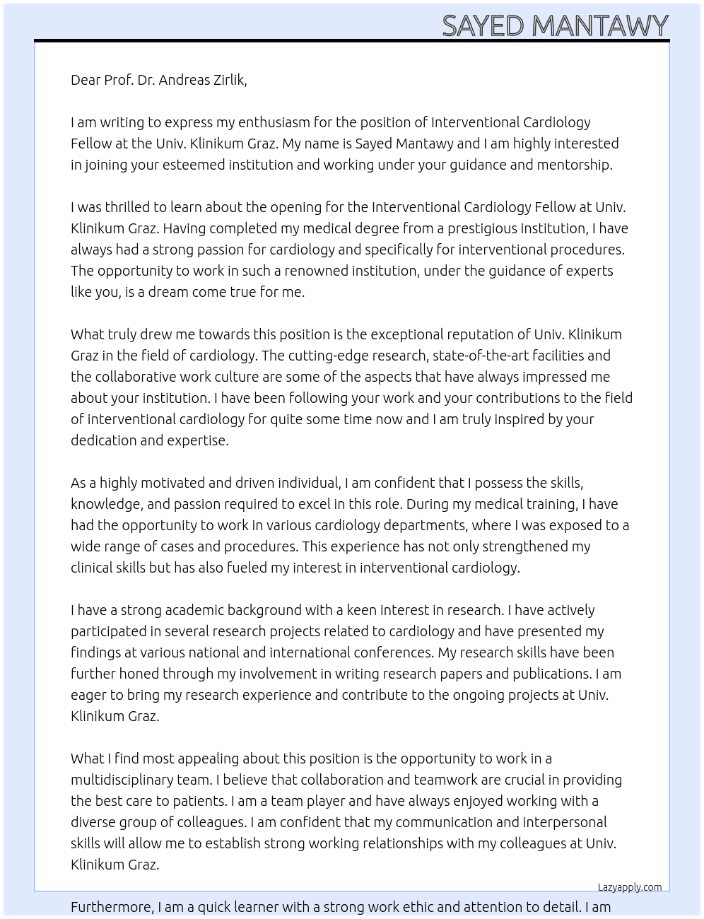 Interventional cardiology fellow At Univ. Klinikum Graz Cover Letter