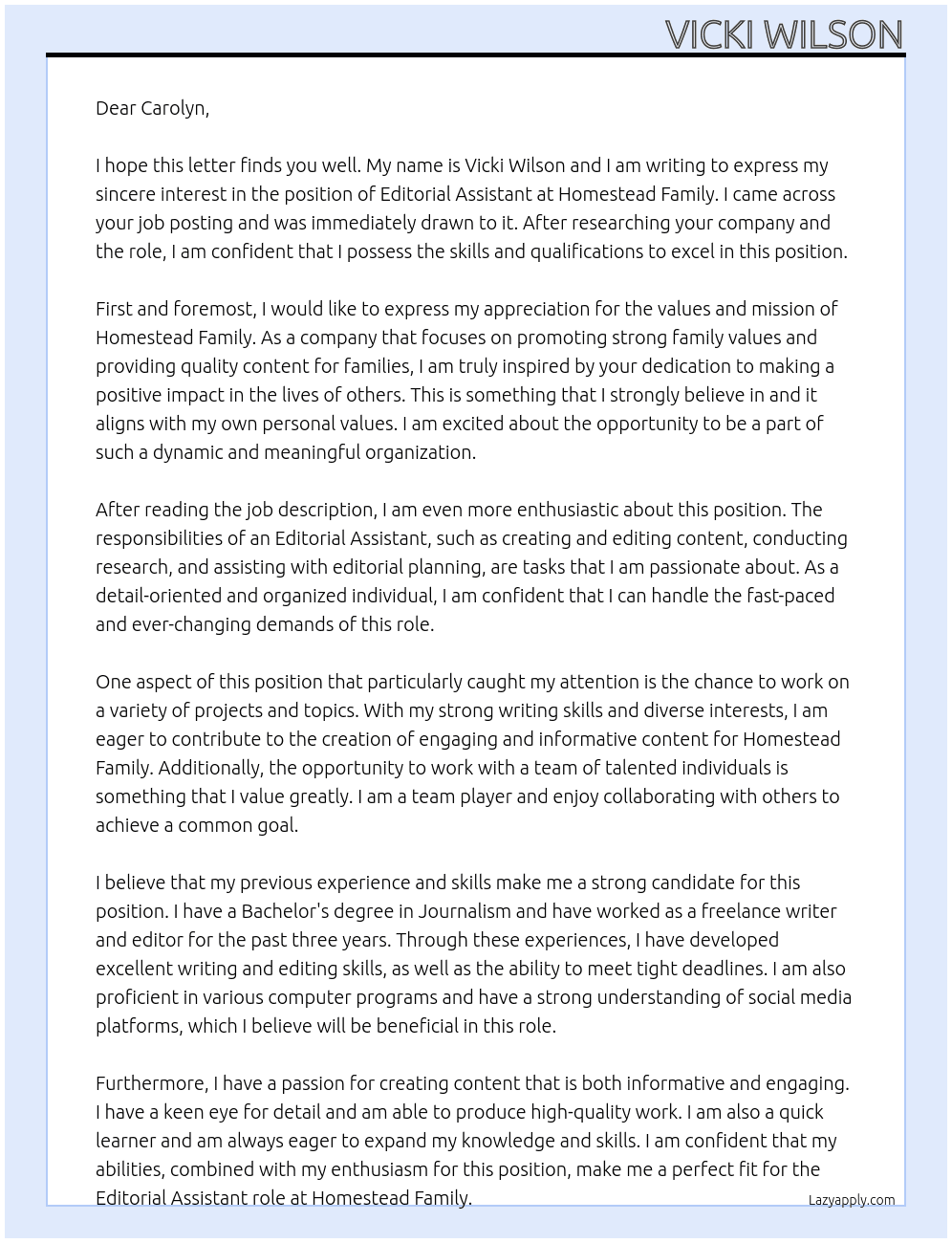 editorial assistant At Homestead Family Cover Letter