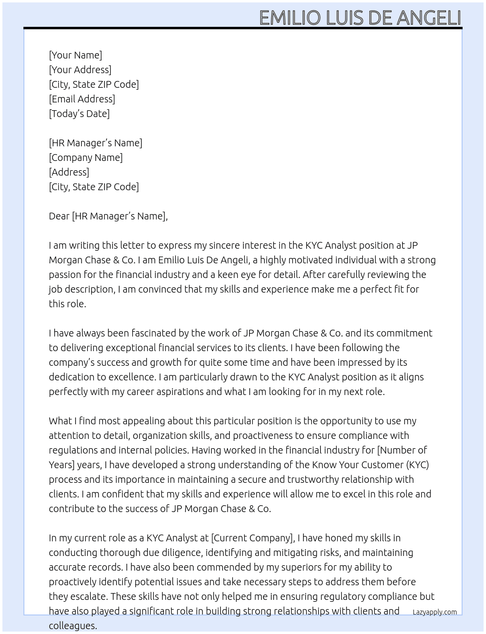 KYC Analyst At JP. Morgan Chase & Co. Cover Letter