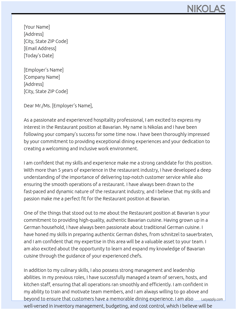 restraunt At Bavarian Cover Letter