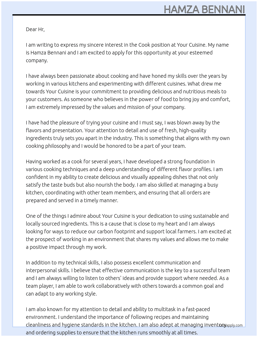 cook At Your cuisine Cover Letter