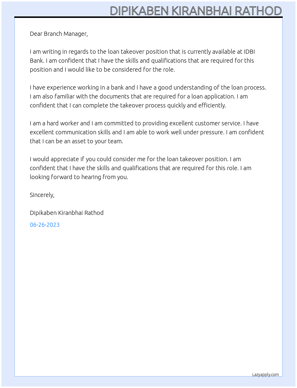 loan takeover, list of document request At IDBI BANK Cover Letter