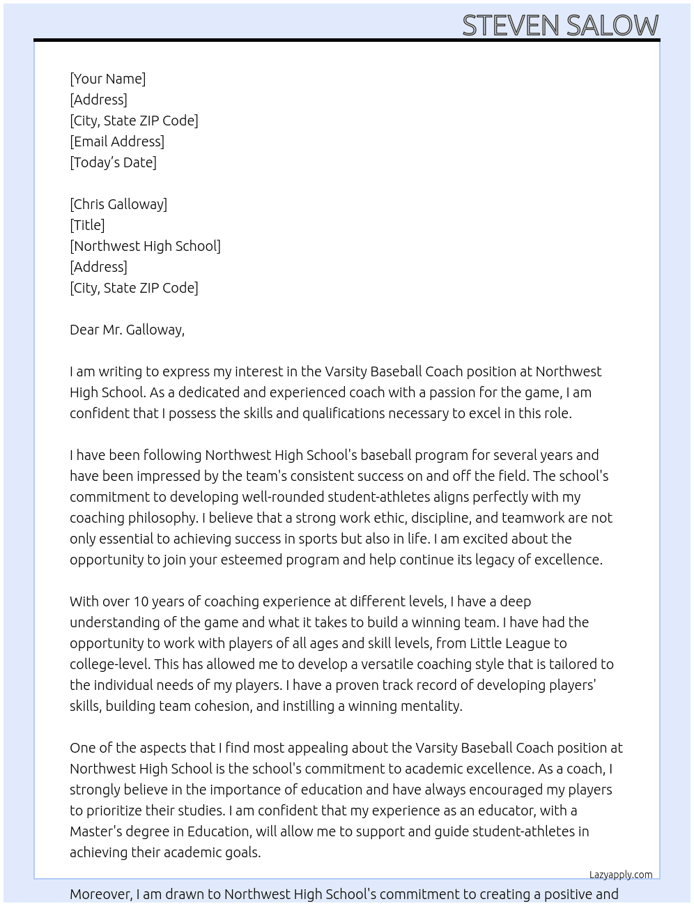 Varsity Baseball Coach At Northwest High School Cover Letter