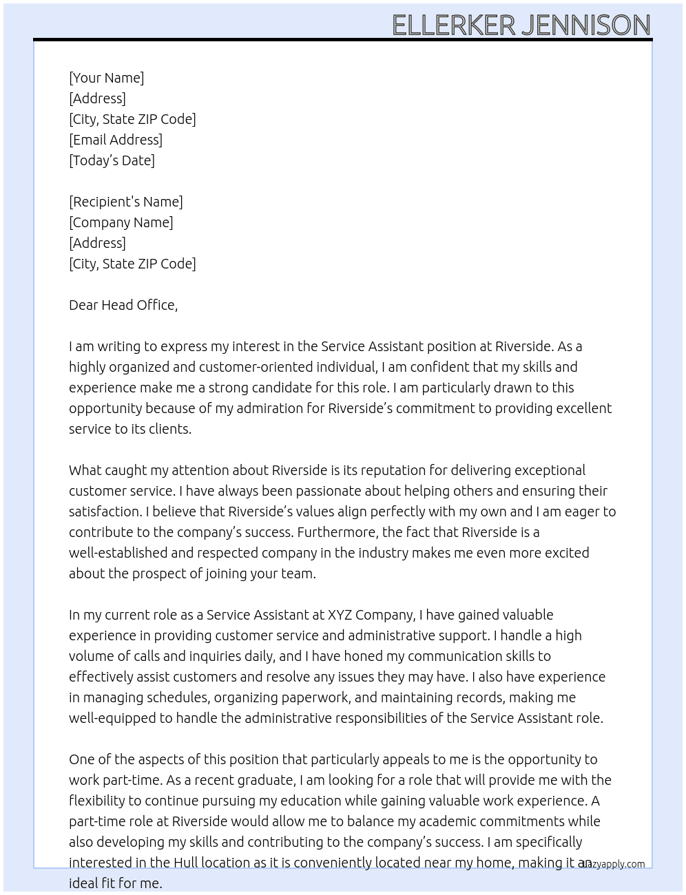 Service assistant  At Riverside  Cover Letter