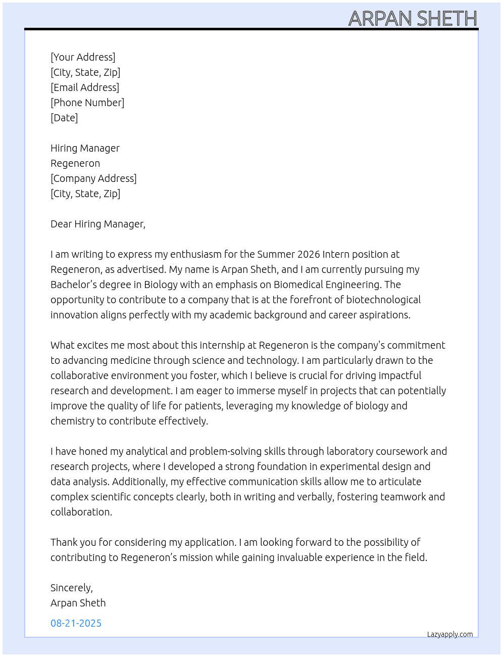 Summer 2026 Intern- Bachelors- Biology, Biomedical or Chemical Engineering, Chemistry, or Related Majors At Regeneron Cover Letter