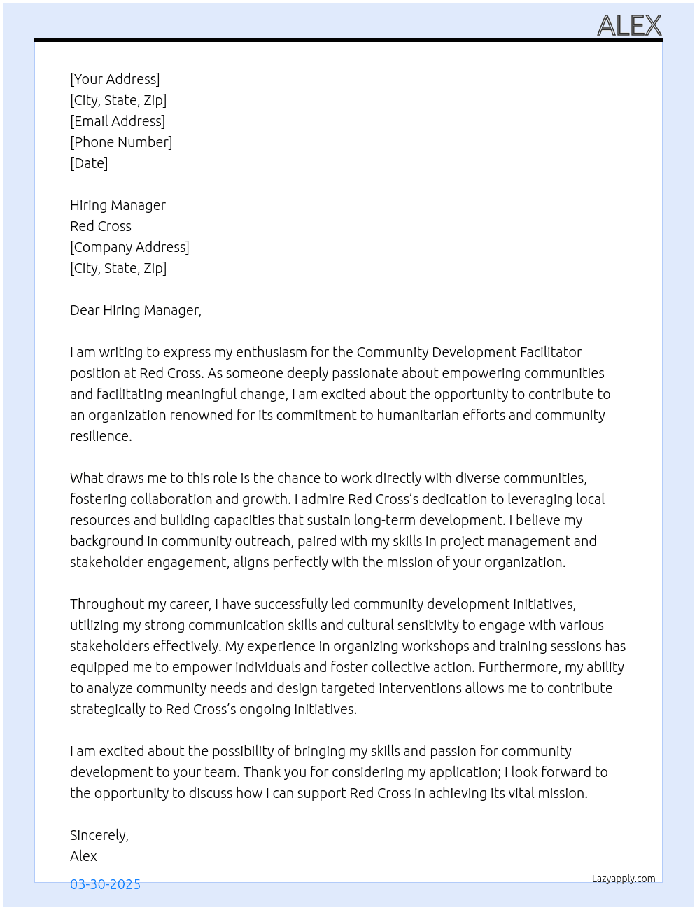 community development facilitator At Red cross Cover Letter