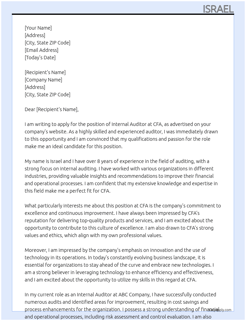 Internal Auditor  At CFA Cover Letter