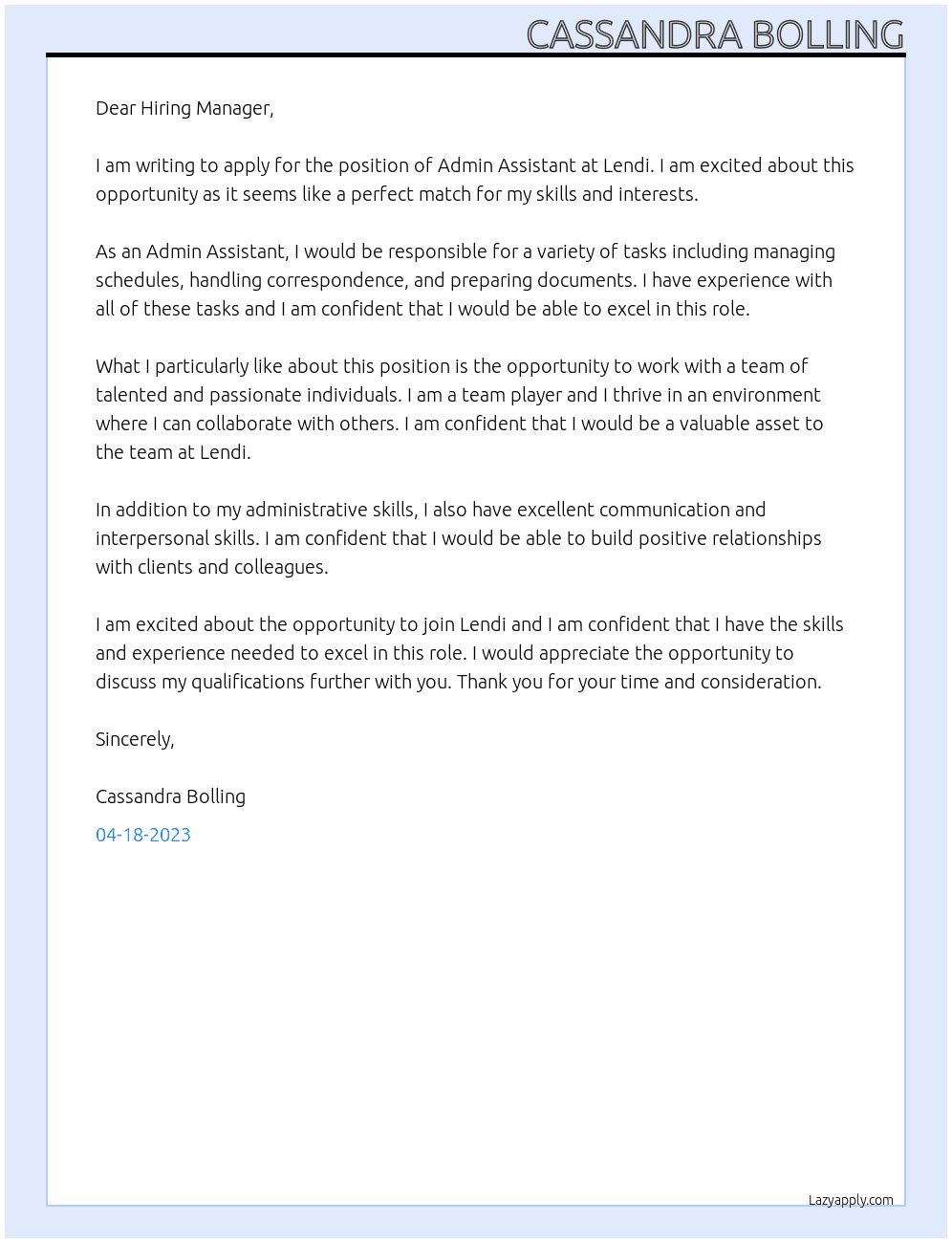 Admin Assistant At Lendi Cover Letter