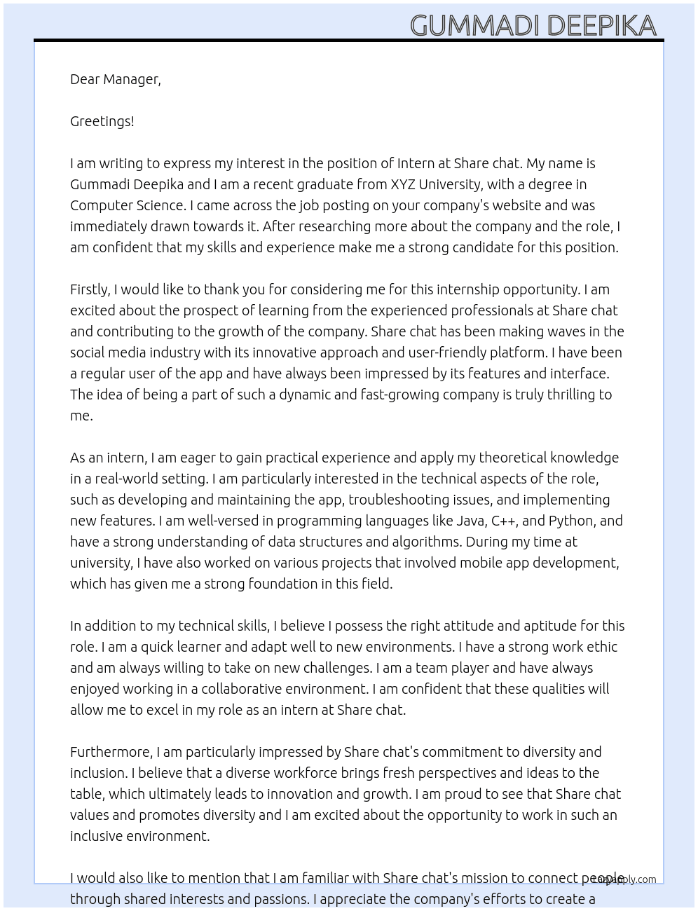 Intern  At Share chat Cover Letter