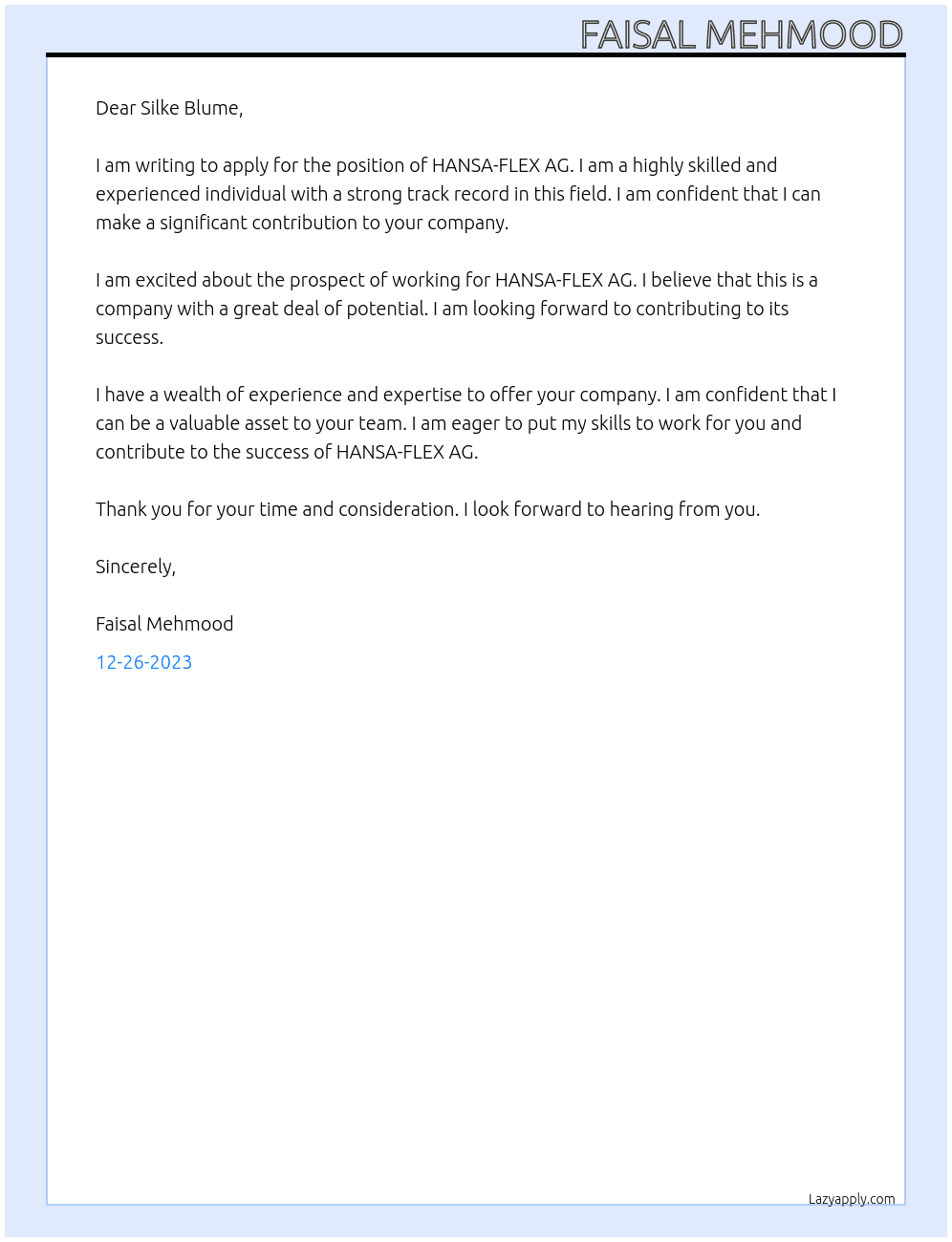 HANSA-FLEX AG At HANSA-FLEX AG Cover Letter
