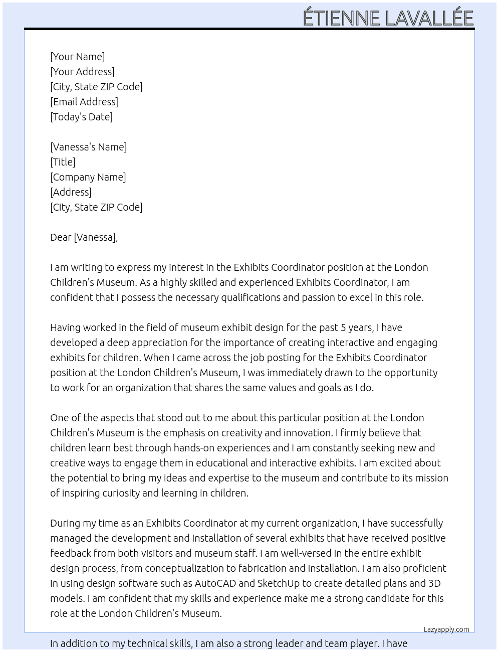 Exhibits Coordinator At London Children's Museum Cover Letter