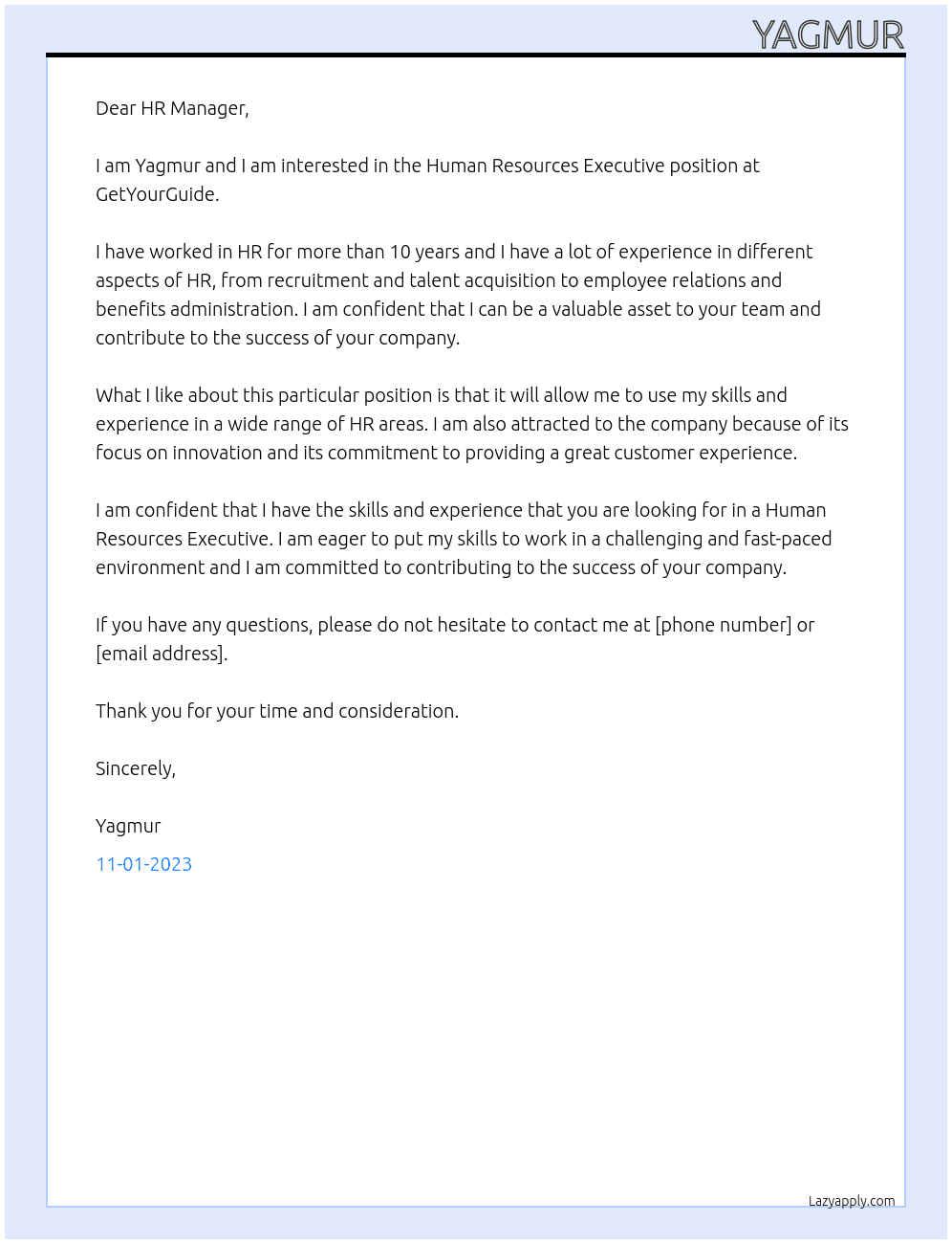 Human Resources Executive At GetYourGuide Cover Letter