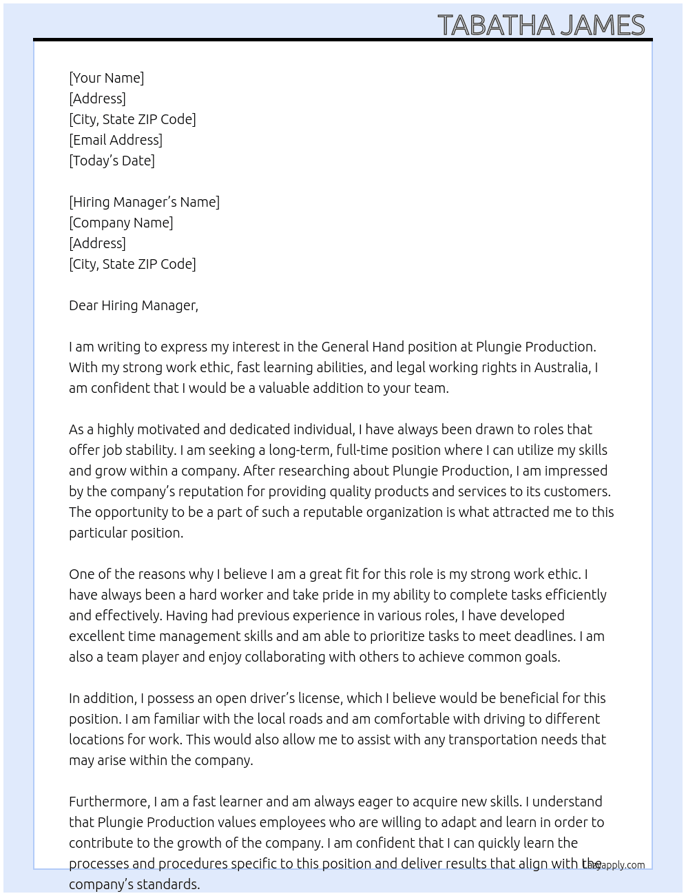 General Hand At Plungie Production  Cover Letter