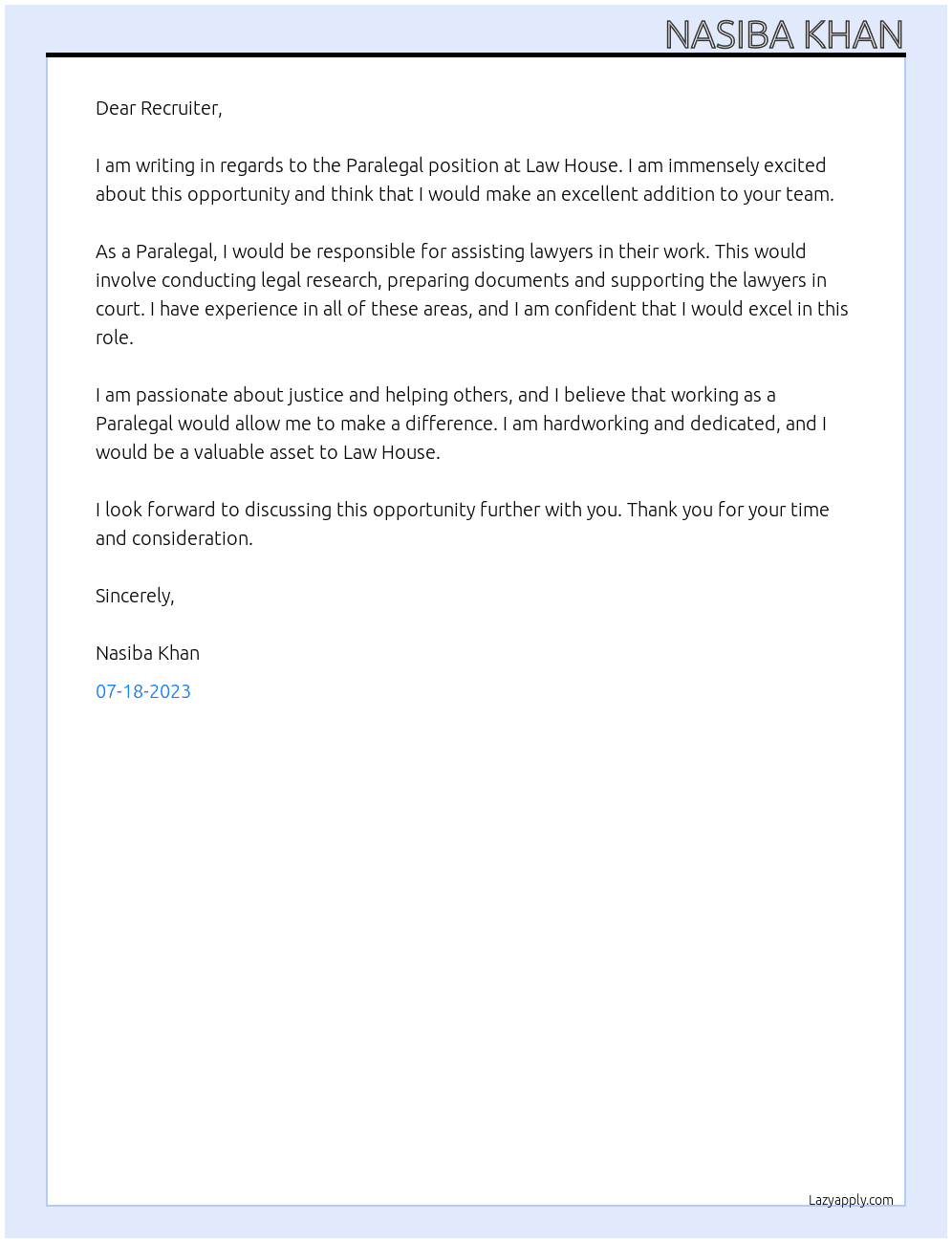 Paralegal At Law House Cover Letter