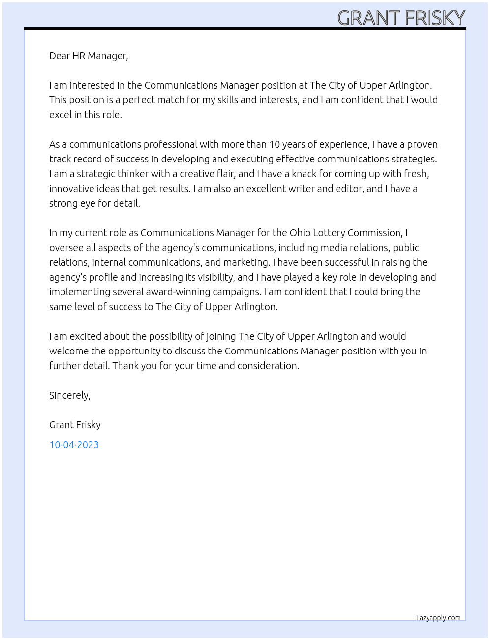 Communications Mamager At The City of Upper Arlington Cover Letter
