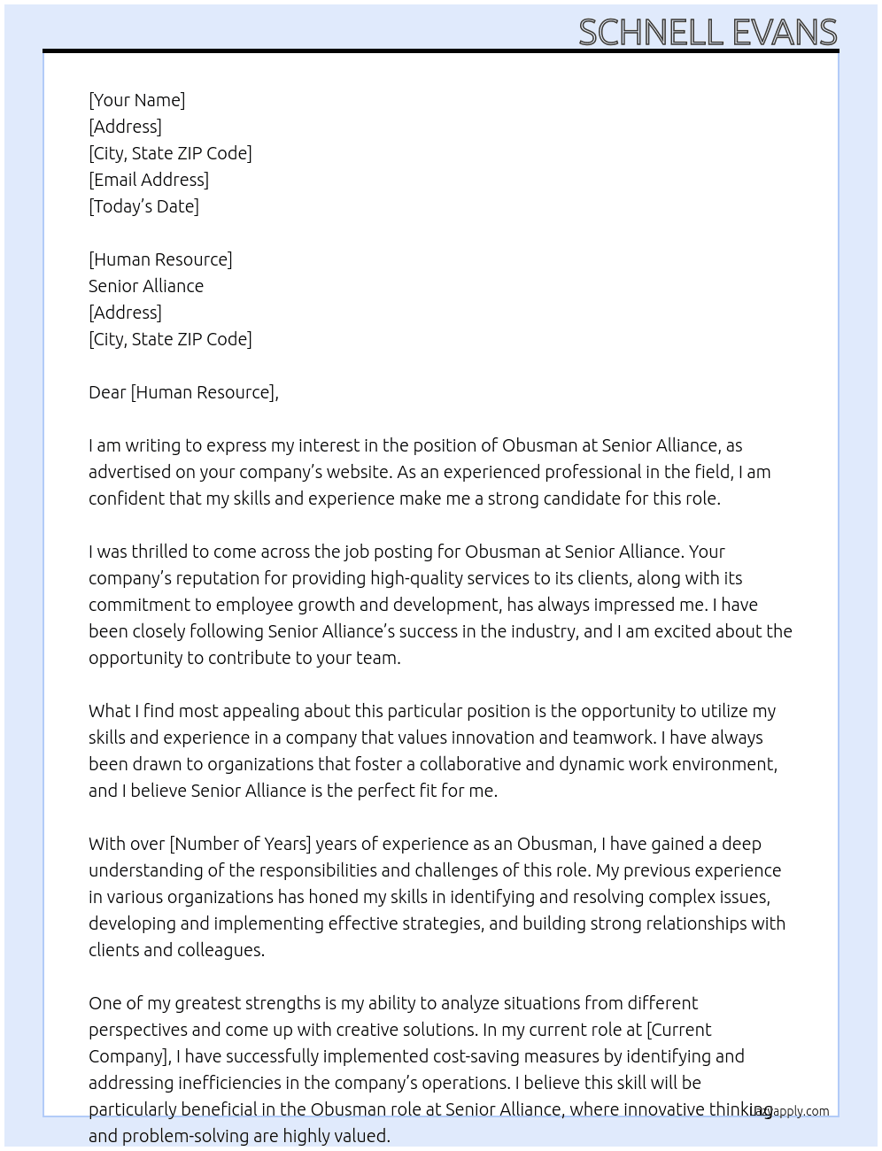 Obusman At Senior Alliance Cover Letter