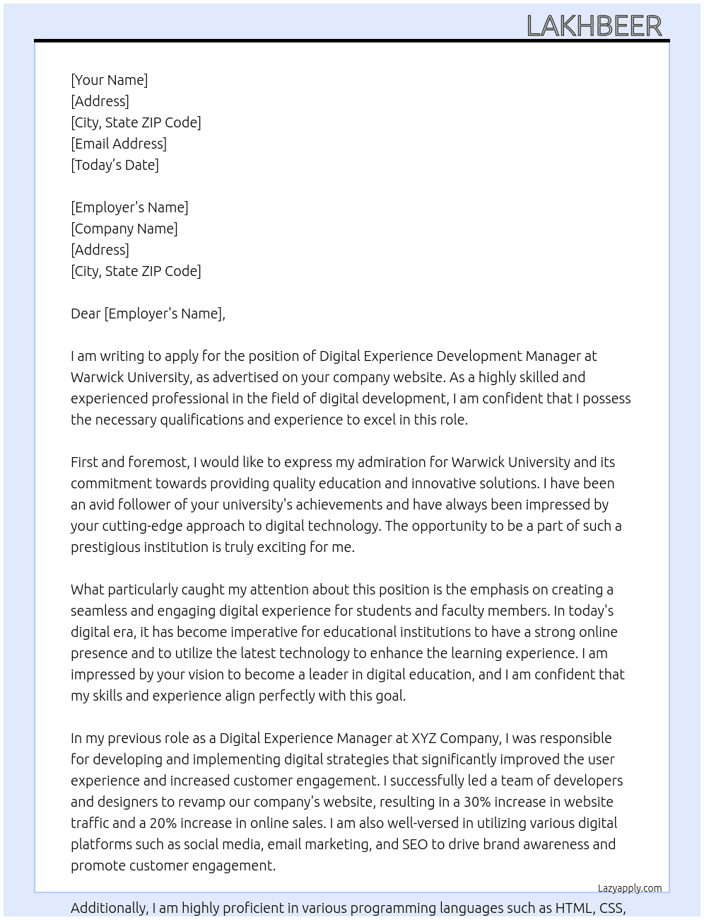 Digital Experience Development Manager At Warick University  Cover Letter