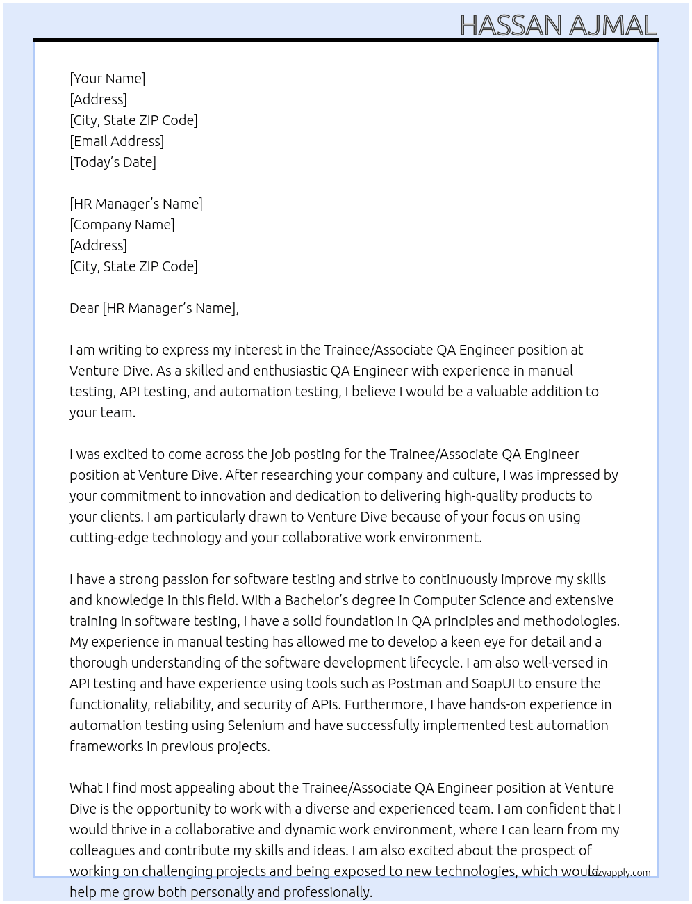 Trainee/Associate QA Engineer At Venture Dive Cover Letter