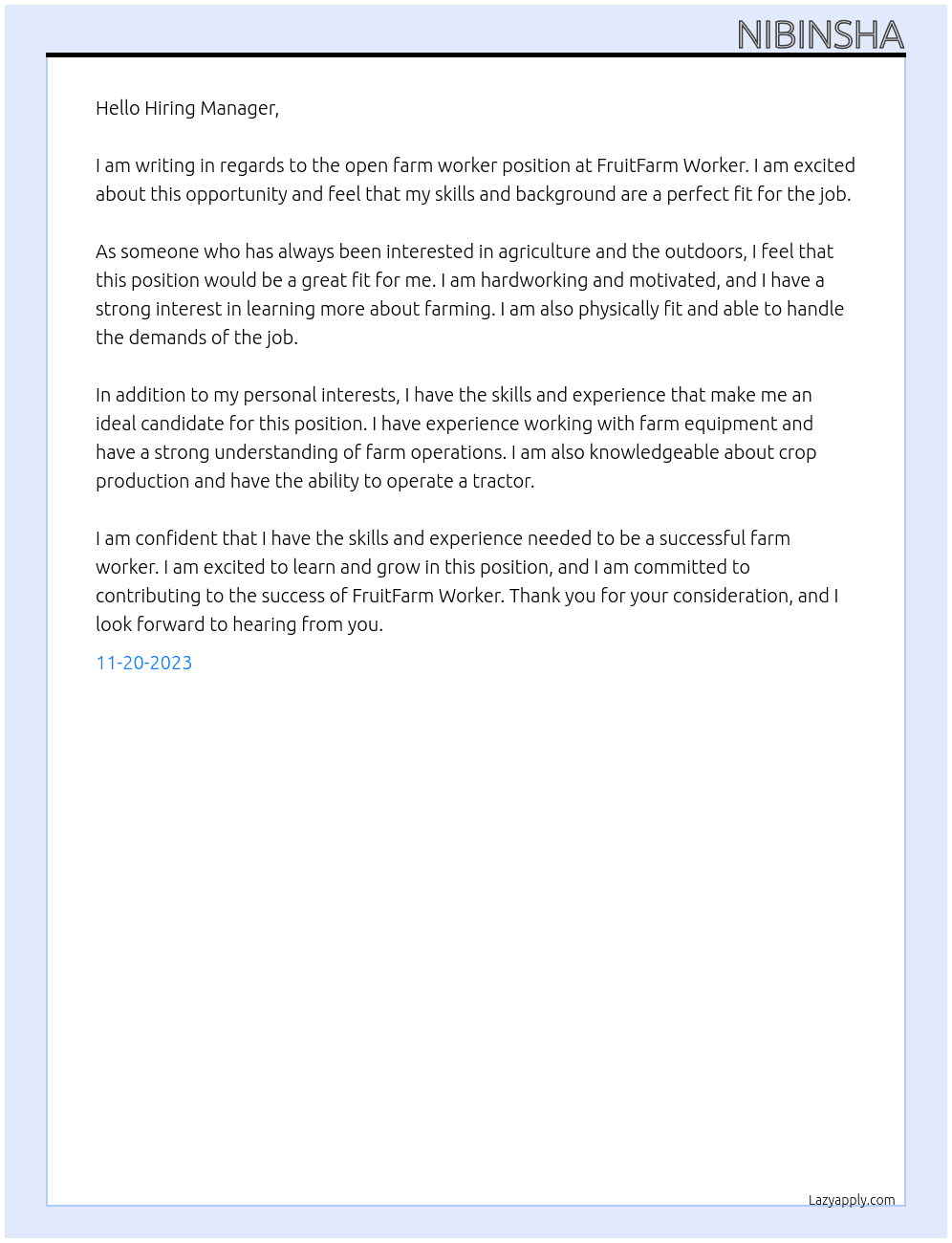 Farm worker At FruitFarm Worker Cover Letter