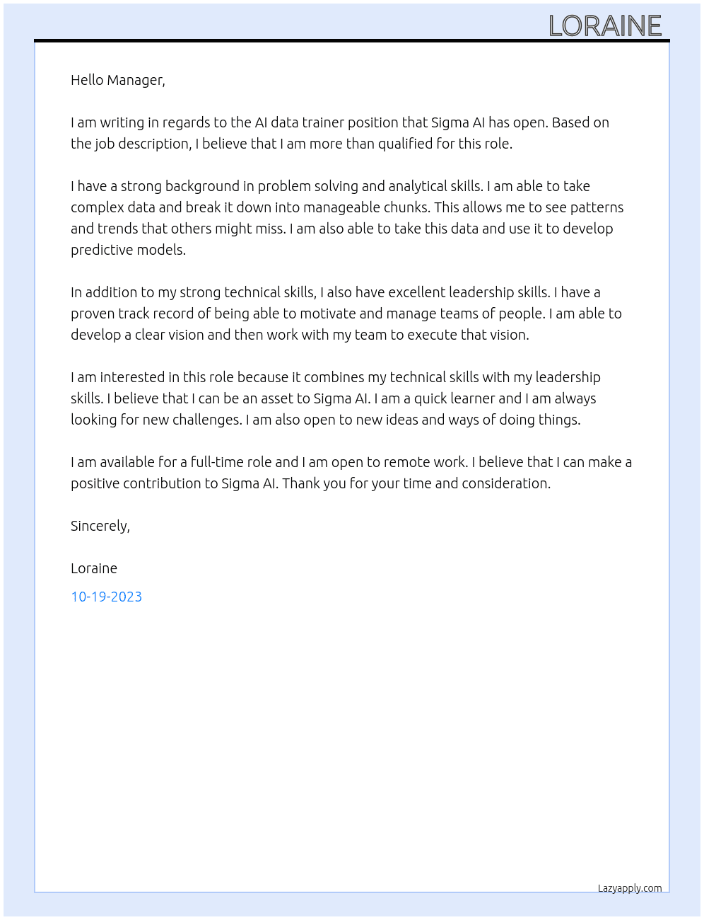 AI data trainer  At Sigma AI  Cover Letter