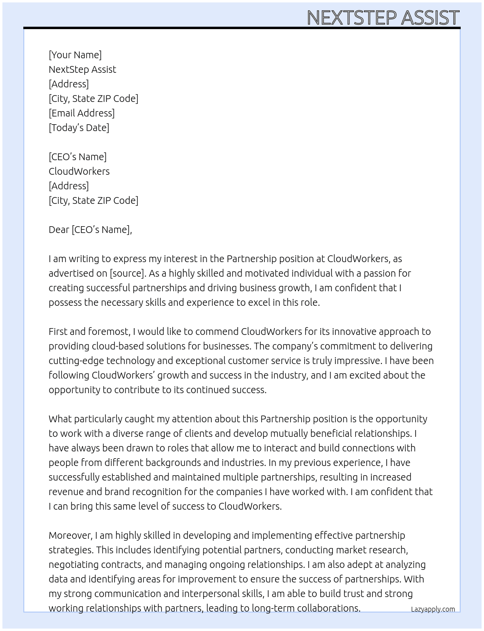 Partnership At CloudWorkers Cover Letter