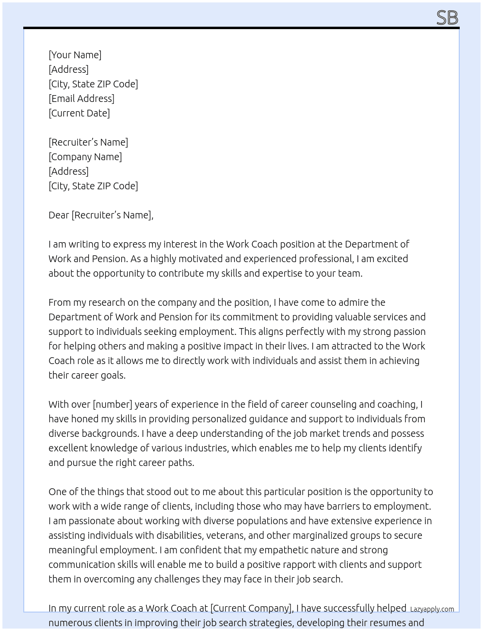 Work Coach At Department of Work and Pension Cover Letter