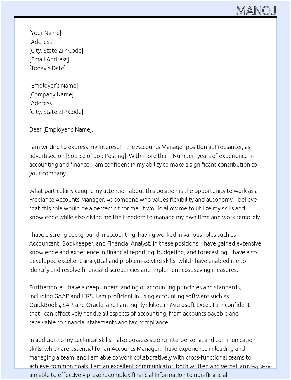 Accounts Manager At Freelancer Cover Letter