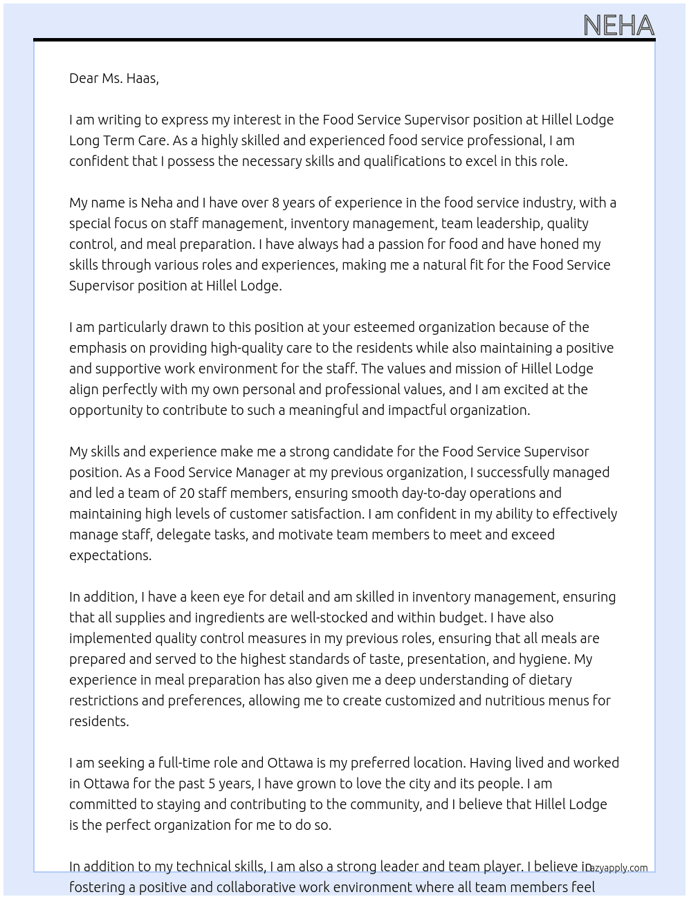 Food service supervisor At Hillel Lodge Long term care Cover Letter