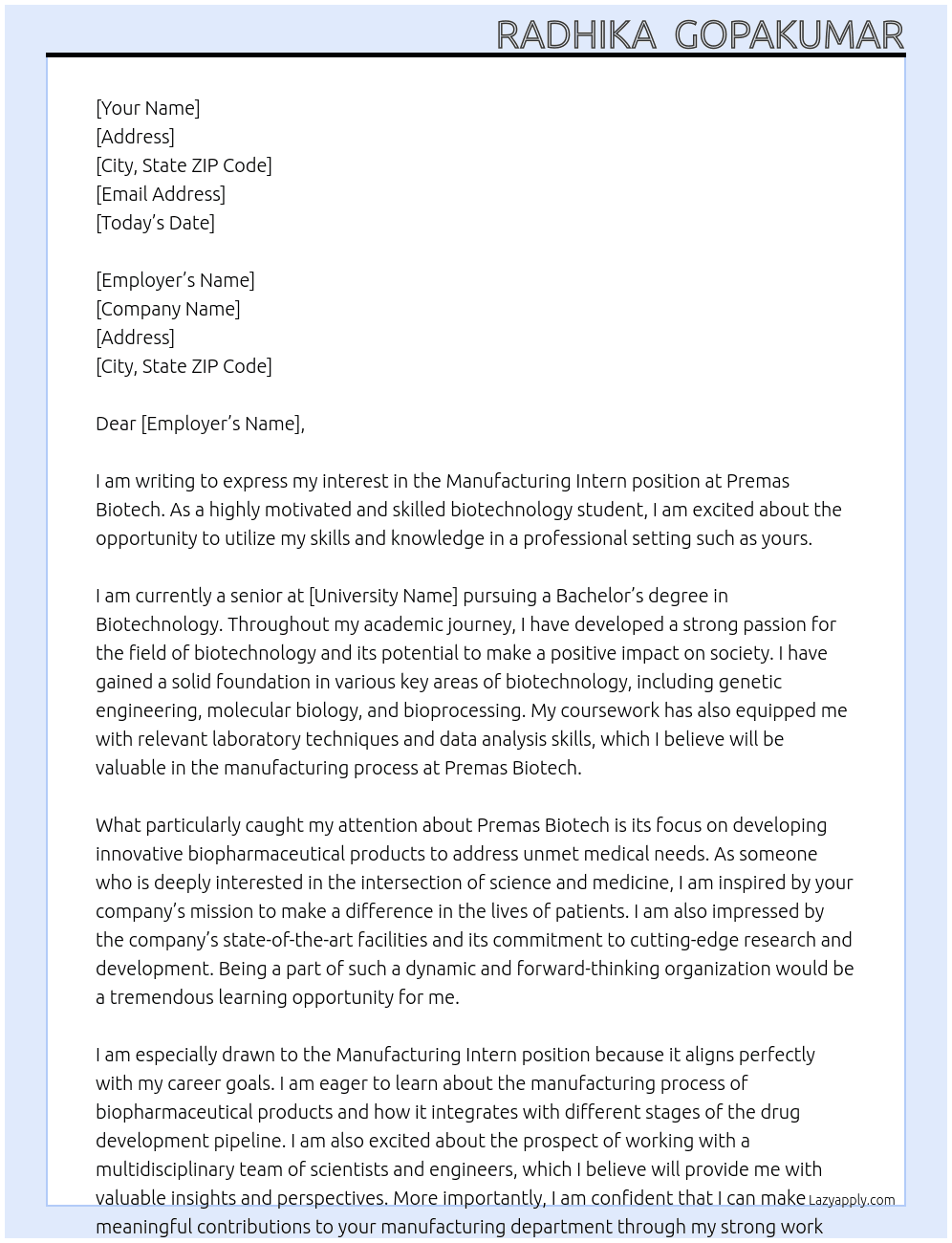 Manufacturing intern  At Premas Biotech  Cover Letter