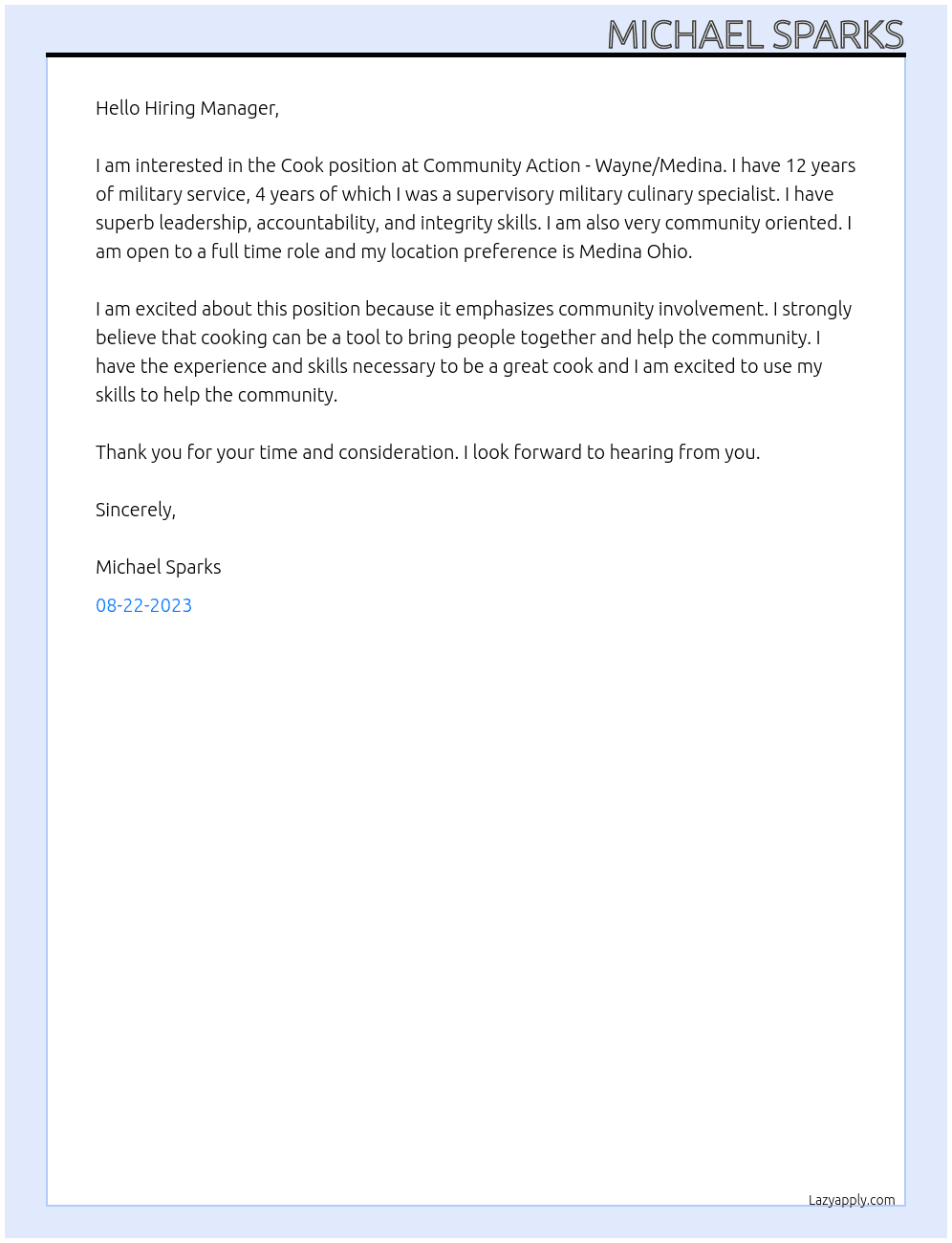 Cook At Community Action - Wayne/Medina Cover Letter