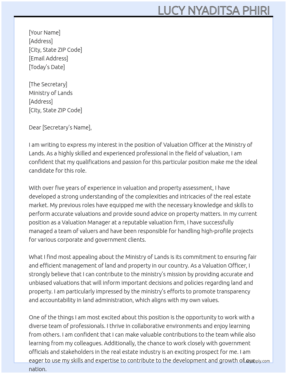Valuation officer  At Ministry of lands Cover Letter