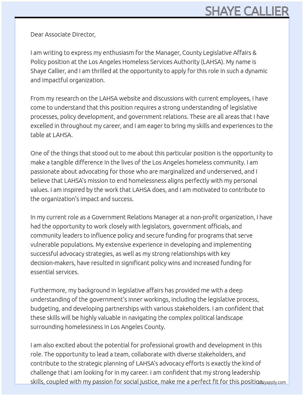 Manager, County Legislative Affairs & Policy At Los Angeles Homeless Services Authority Cover Letter