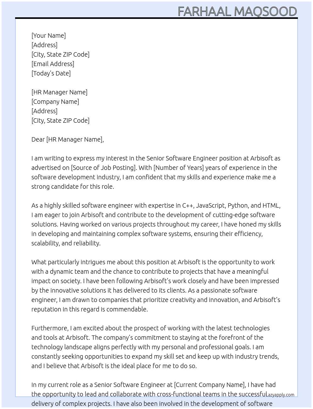 senior software engineer At Arbisoft Cover Letter