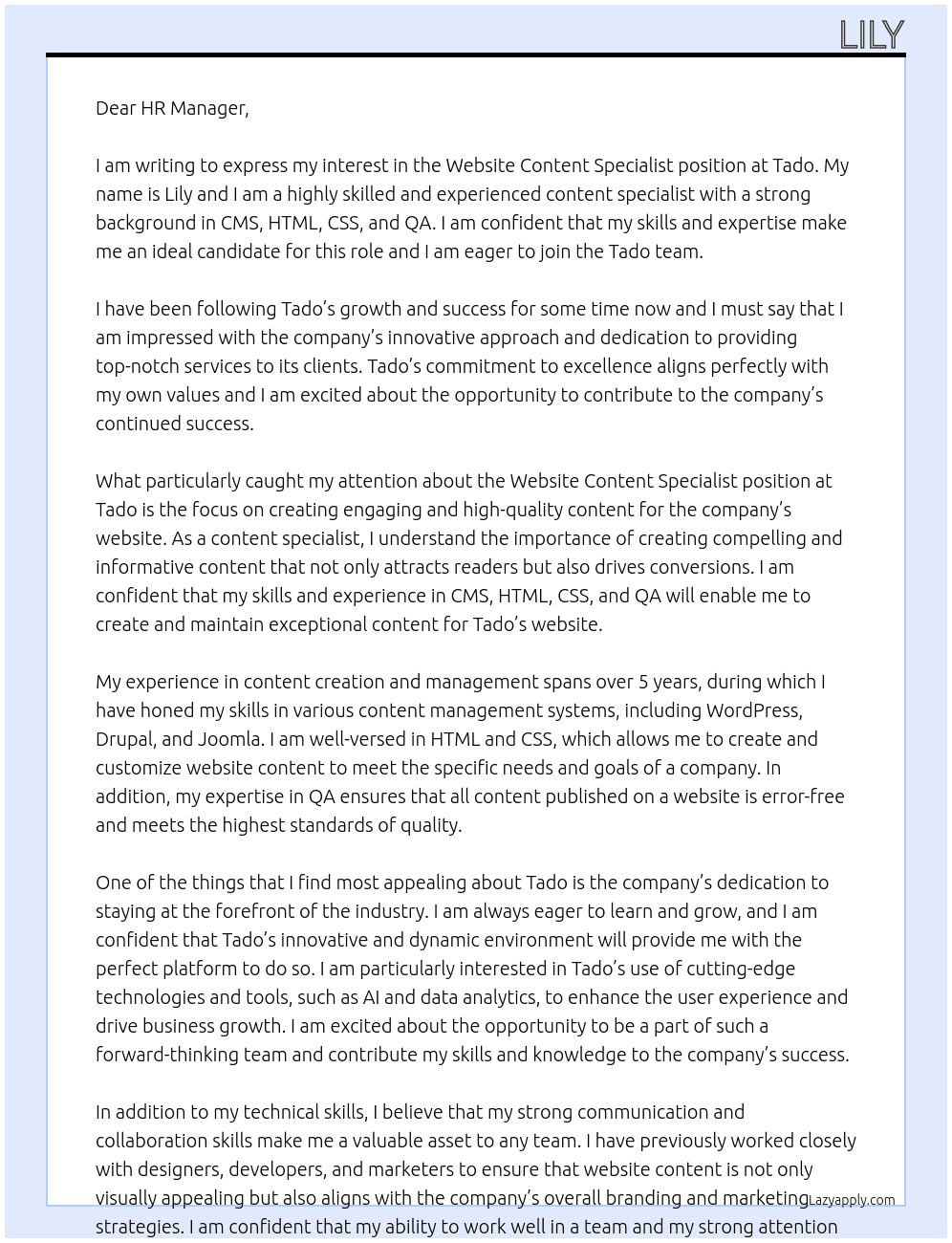 Website content specialist At tado Cover Letter