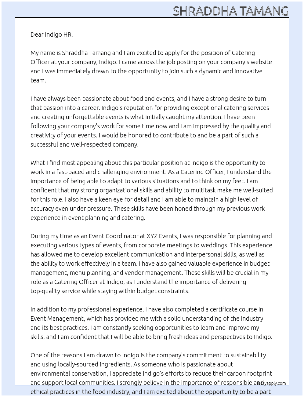catering officer At indgo Cover Letter
