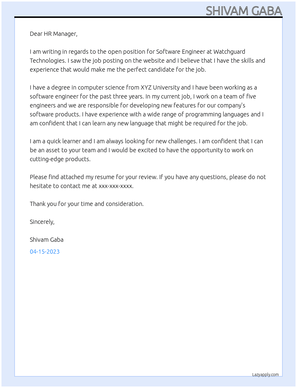 Software Engineer At Watchguard Technologies Cover Letter