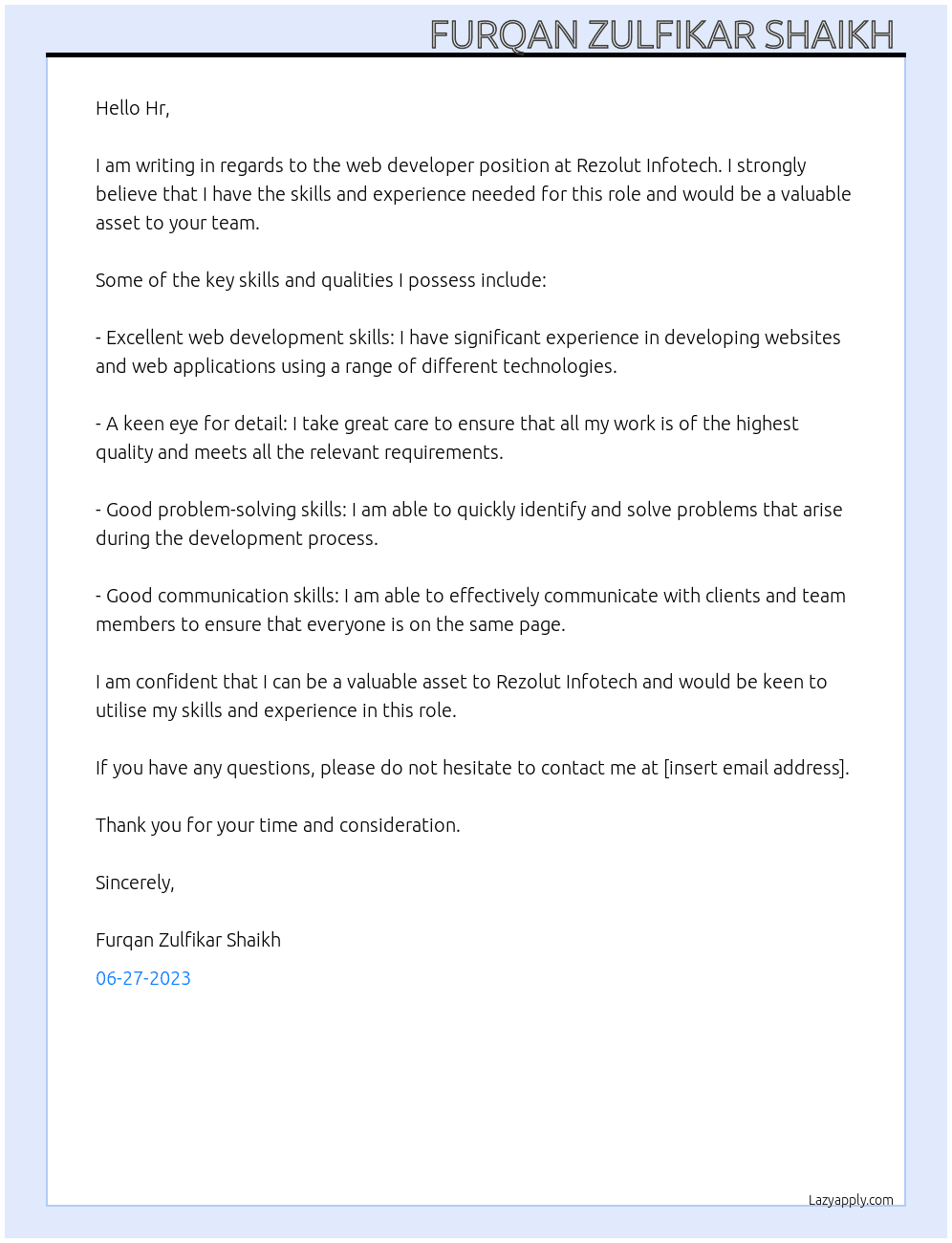 Web developer  At Rezolut infotech  Cover Letter