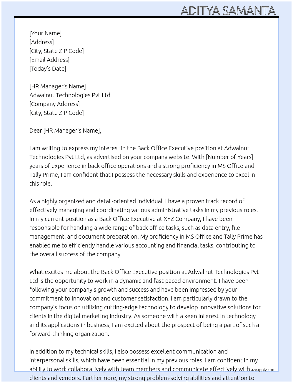 Back Office Executive  At Adwalnut Technologies Pvt Ltd  Cover Letter