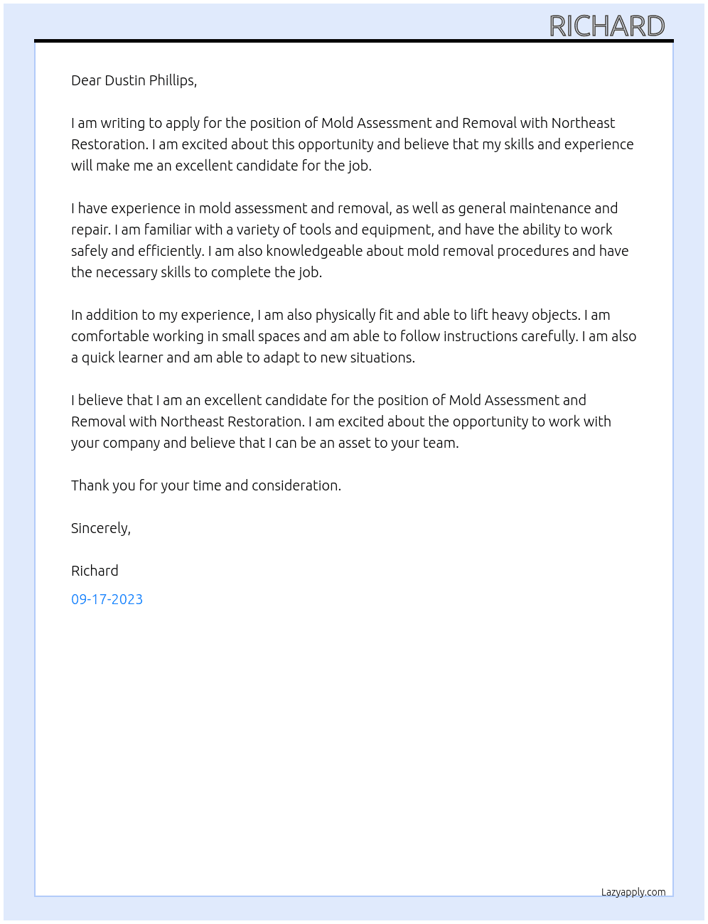Mold assessment and removal  At Northeast restoration  Cover Letter