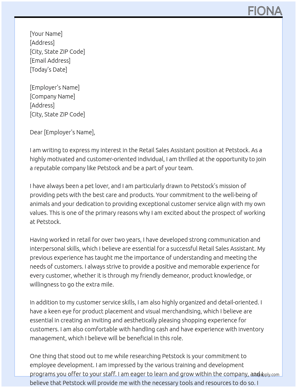 Retail Sales Assistant  At Pet stock Cover Letter
