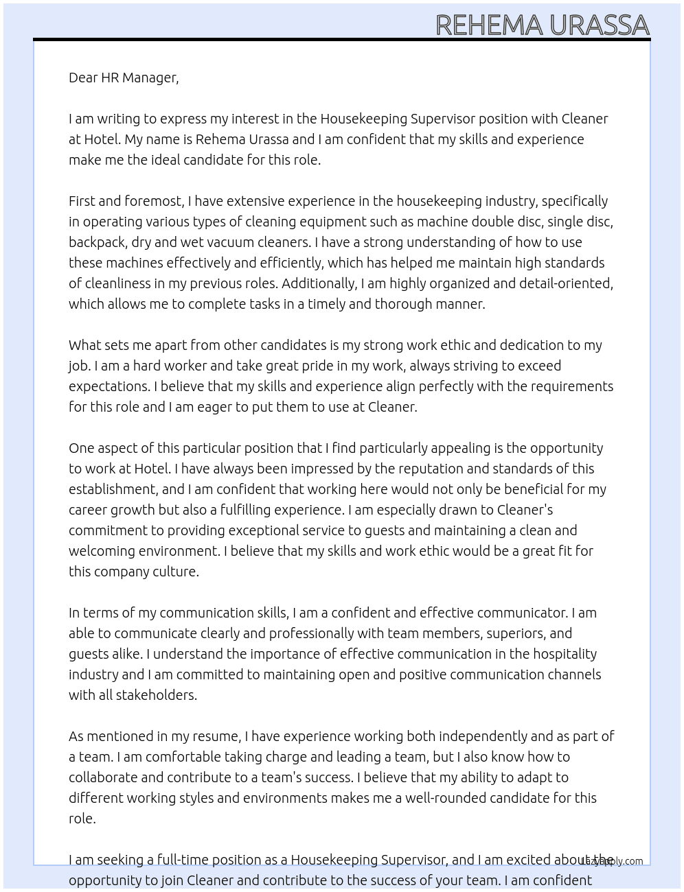 House keeping At Hotel Cover Letter