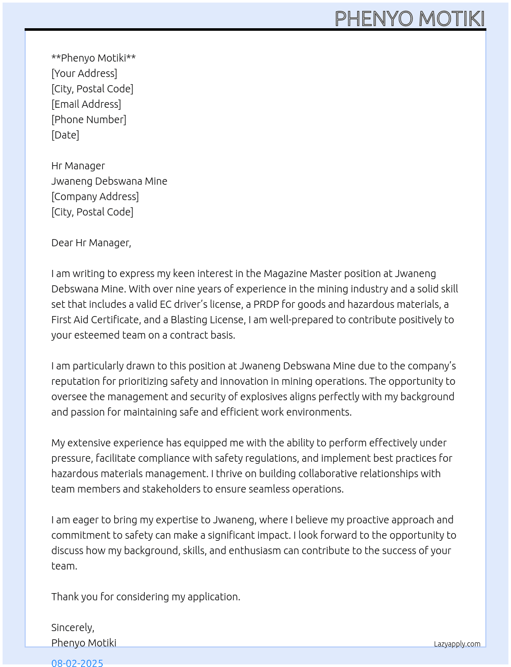 Magazine Master At Jwaneng Debswana Mine Cover Letter