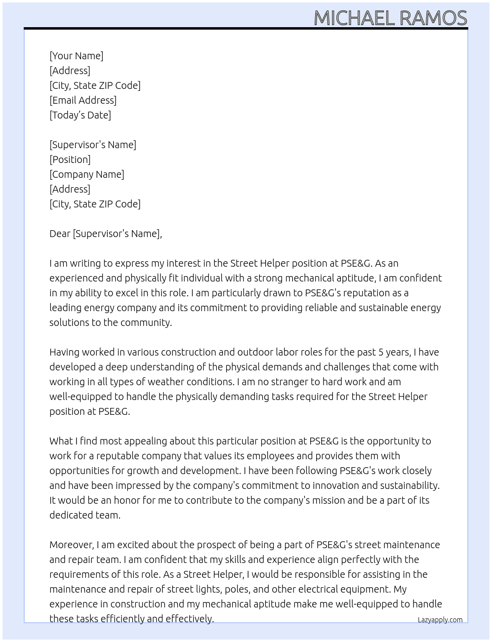 Street helper At PSE&G Cover Letter