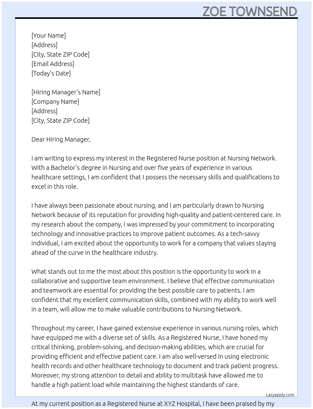 Registered Nurse At Nursing Network  Cover Letter